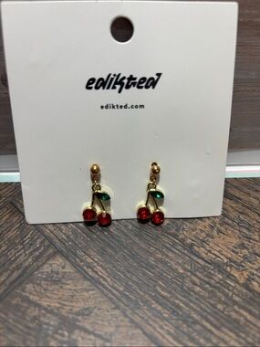 Edikted Gold Cherry Drop Earrings with Red Stones and Green Leaves